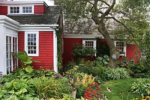 landscape of plants and flowers surround red cottage